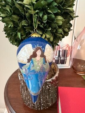 Pier 1 Blue Angel Glass Holiday Ornament with Gold Accents